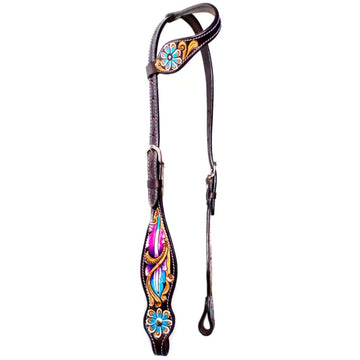 Bar H Equine Horse Leather Floral Feather One Ear Headstall Dark Brown
